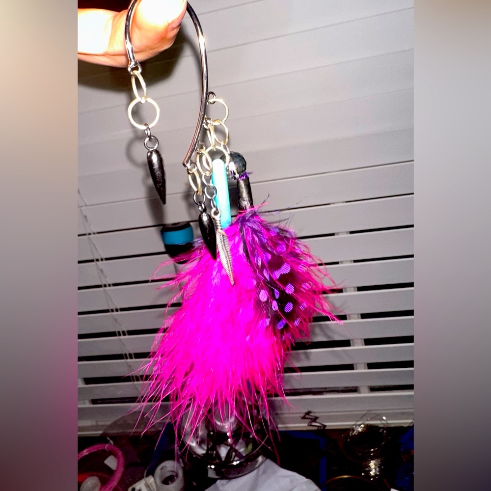 One of a kind women’s unique feather and stone boho chic party costume earrings